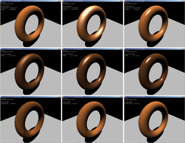 A screenshot comparing the different light models with differing parameters.